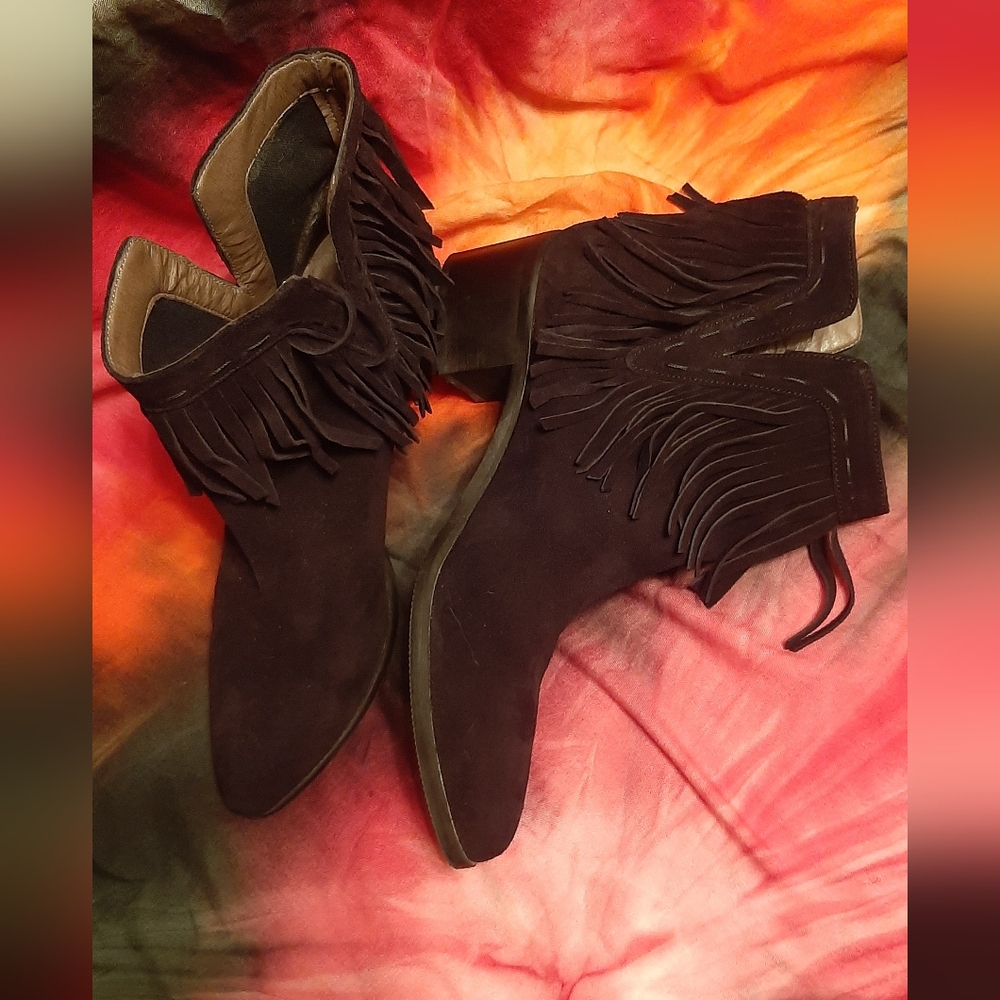 Bella-Visit black boots Tex-Italy black leather suede fringe booties size 10 N - Picture 2 of 7